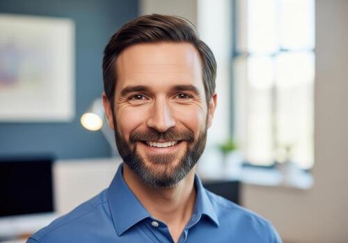 smiling man with beard and blue shirt in a bright office setting close up portrait photo
