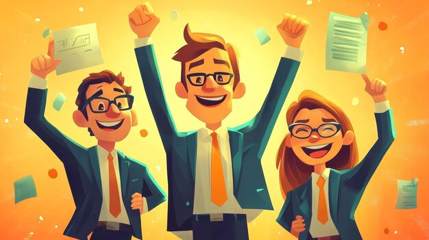 three cartoon business professionals celebrating success symbolizing teamwork achievement go 924727 148591