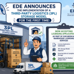 Emirates Drug Establishment (EDE) infographic explaining the third-party logistics (3PL) storage model and medical warehouse licensing applications.