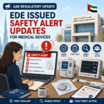 Emirates Drug Establishment (EDE) infographic on medical device safety alert updates, risk assessment and patient safety in the UAE.