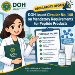 Infographic describing Philippines Department of Health Circular No. 148 on mandatory requirements for peptide products, including registration and safety standards.