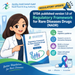 Infographic on the Saudi Food and Drug Authority (SFDA) Regulatory Framework for Rare Diseases Drugs (NADR), version 1.0.